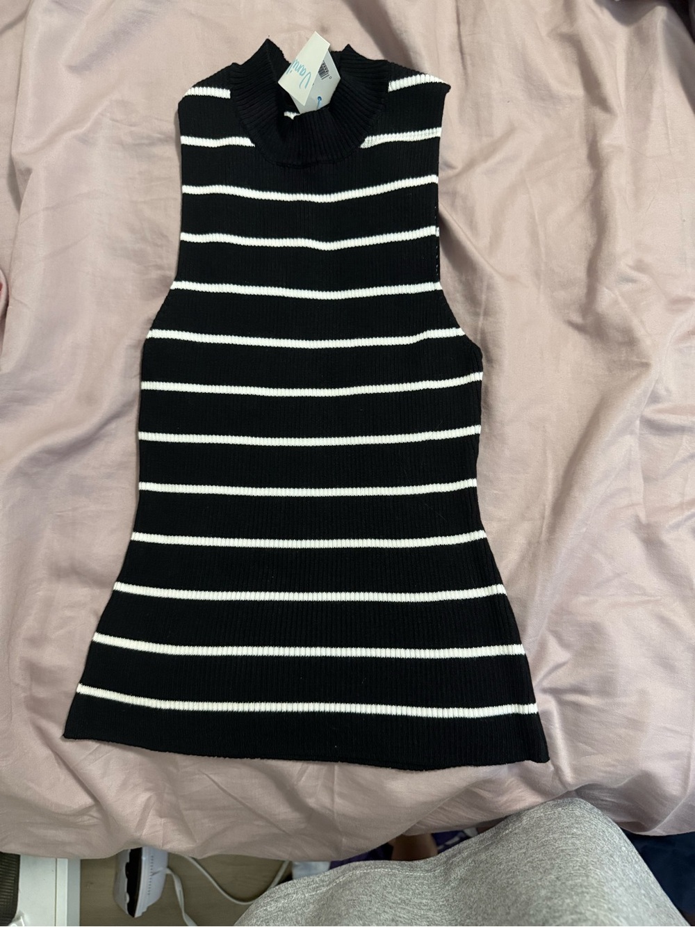 Sleeveless Black & White Striped Mock Neck Tank
